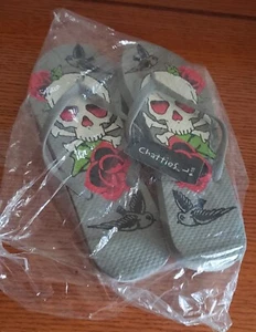 Chatties Grey Men's Unisex Flip-Flop Rose Skeleton Rose Size L 9-10 - Picture 1 of 2