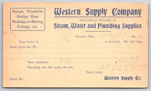 Lincoln Nebraska~Western Supply Steam, Water & Plumbing~Windmills~Postal 1910 - Picture 1 of 2