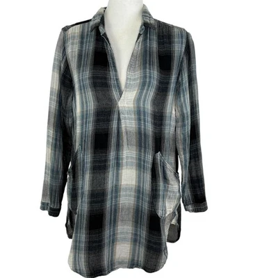 Top túnica CP Shades Teton talla XS doble tela a cuadros gris azul bolsillos algodón Foto 1 de 4