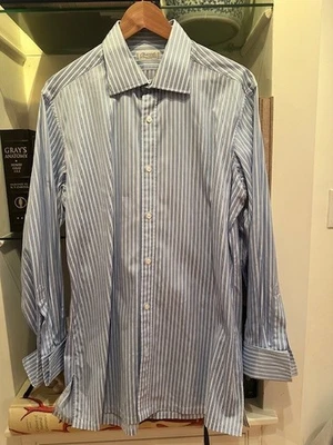 Camisa de vestir Charvet hecha a mano rayas blancas y azules puño francés 40,5 x 16 Foto 1 de 4