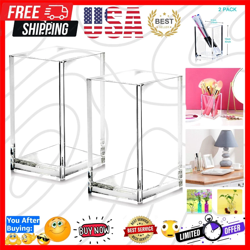 2 Pack Clear Acrylic Pencil Pen Holder Cup Desk Accessories Makeup Brush Storage