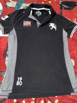 Vintage Express Polo Shirt Mens Large Black Patches Flag Fitted Polo  - Image 1 of 4
