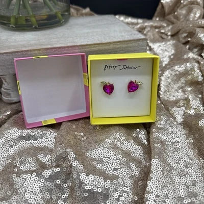 Betsey Johnson Fuchsia Heart-Shaped Apple Stud Earrings, NEW IN BOX  - Image 1 of 4