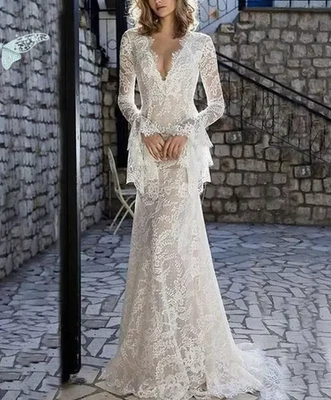 Backless Bohemian Mermaid Wedding Dresses Long Sleeves Lace Deep V Neck Bridal - Image 1 of 4