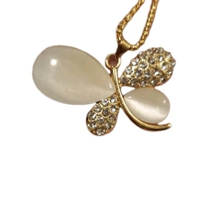 Large White Butterfly Pendant Necklace Gold Tone Rhinestone Bijoux by Meera NWT - Picture 1 of 4