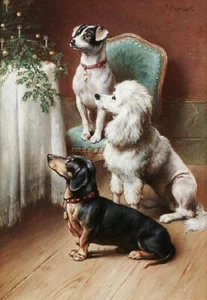 Oil painting A Christmas Treat Carl Reichert lovely and cuter animals dogs art - Picture 1 of 1