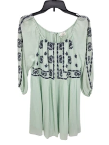 Vestido Entro Mujer Mediano Verde Menta Bordado Boho Campesino Manga Larga Fluido - Imagen 1 de 10