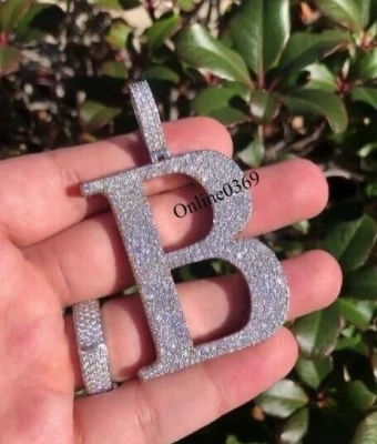 Colgante inicial letra B diamante natural certificado Si para hombre 2,5 pulgadas plata 925 Foto 1 de 4