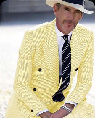 Trajes de verano Seersucker para hombre 2 piezas traje de negocios doble botonadura esmoquin de boda Foto 1 de 4