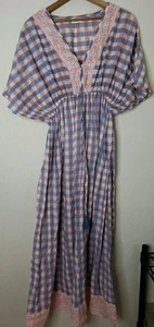 World Market Checkered Kaftan Dress Small Medium White Blue Prairie Cottagecore - Picture 1 of 18