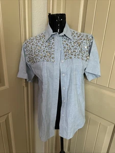 Vintage 80s Rhinestone Embellished Denim Shirt Small Short Sleeve Silver Tones - Picture 1 of 9