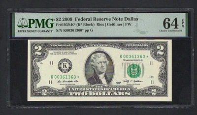 United States-Federal Res 2 Dollars 2009 Fr#1939-K* (K* Block) UNC Grade 64 - Image 1 of 2