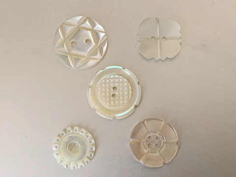 Five Antique French Mother of Pearl White Buttons carved - Different sizes Cover
