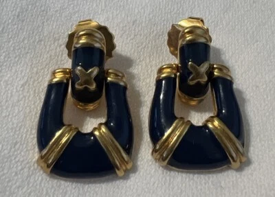 Aretes colgantes de oro y azul marino Avon de colección 1 1/8"x5/8" estilo llamador de puerta náutica Foto 1 de 4