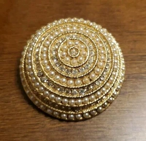 Faux Pearl and Rhinestone Pin Brooch Vintage Round Domed Gold Tone - Picture 1 of 9