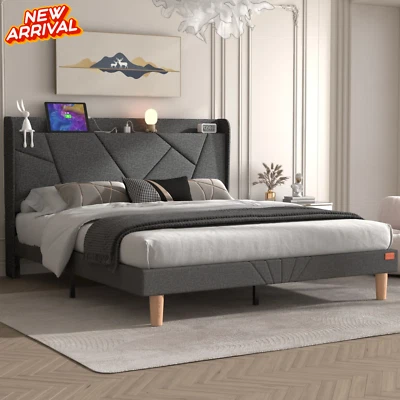 Marco De Cama Plataforma King Size Tapizada en Terciopelo Cama Cabecera Gris - Image 1 of 4