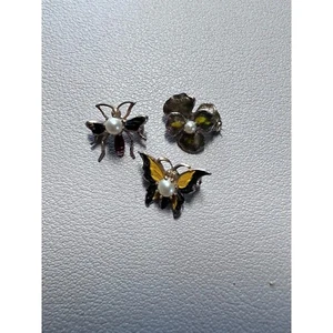 Set of 3 Vintage Enamel, Pearls, and Gold Mini Pins Butterfly, Flower, Dragonfly - Picture 1 of 9