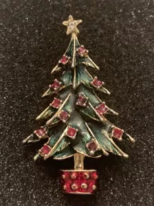 Red & White Rhinestone Potted Christmas Tree Gold Tone Enamel Brooch - Bild 1 von 4