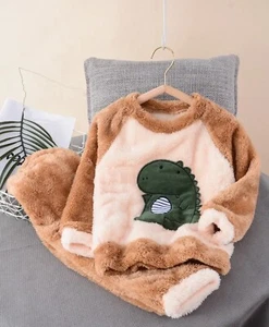 Baby/Toddler Fuzzy Pajama Set – Brown Plush Dino Top & Pants – Cozy Winter Sleep - Picture 1 of 5