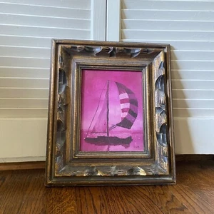 Vintage Original lila Segelboot Gemälde im geschnitzten Holzrahmen signiert Scott - Bild 1 von 7