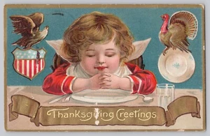Postcard Thanksgiving Greeting Patriotic Eagle Child Praying Turkey Embossed - Imagen 1 de 2