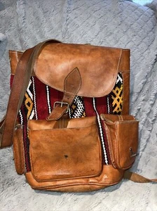 Handcrafted Moroccan Leather Bag Backpack Boho Kilim Wool Carpet Rug READ ISSUES - Picture 1 of 17