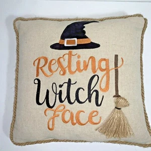 Pier 1 Halloween Embroidered Pillow 16" RESTING WITCH FACE With Hat & 3D Broom - Picture 1 of 4