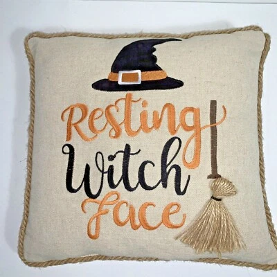 Pier 1 Halloween Embroidered Pillow 16" RESTING WITCH FACE With Hat & 3D Broom - Image 1 of 4