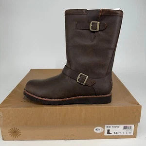 UGG Boots Mens 14 Carnero Brown Leather Buckle Riding Moto Shearling Lined NEW - Picture 1 of 9