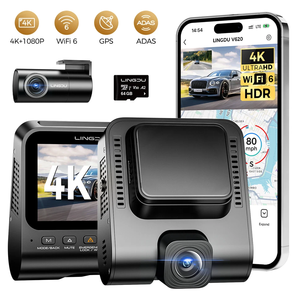 LINGDU V620 4K+1080P WiFi 6 GPS ADAS Dash Cam Front- und Rückfahrkamera Parkmodus 64GB