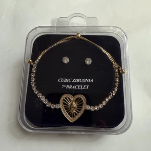 GOLD TONE CUBIC ZIRCONIA RELIGIOUS HEART ADJUSTABLE BRACELET EARRINGS SET - Picture 1 of 2