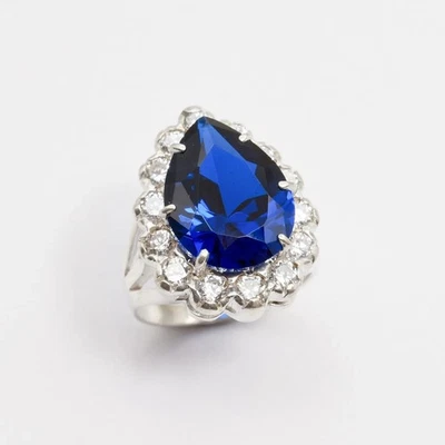 3.50Ct Pear Natural Sapphire Gemstone Diamond Real 14K White Gold Ring Size 6 7 - Image 1 of 4