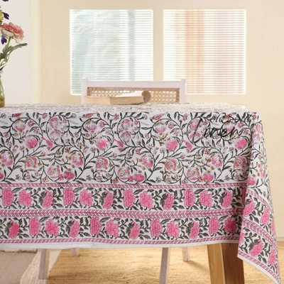 Hand Block Printed Cotton Tablecloth Pink Floral Dining Room Decor Table Cover - Image 1 of 4