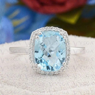 4.30Carat Cushion Cut Natural Aquamarine Diamond Halo Ring 950PT Platinum Plated - Image 1 of 4