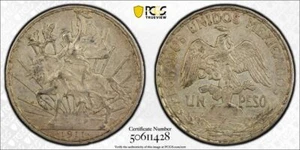 1911 PCGS AU50 LONG RAY MEXICO Silver One Un Peso "Cry for Independence" #52224A - Picture 1 of 3