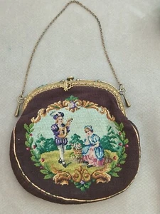 Antique Petit Point Embroidery Courting Man & Woman Scenic Bag Purse - Picture 1 of 11