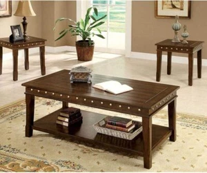 3 Piece Wood Fenwick Occasional CoffeeTable Set with Nailhead Trim in Walnut - Picture 1 of 5