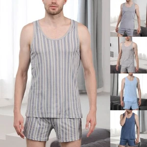 Shirt Mens Pajamas Set Shorts Sleeveless Solid Color Summer Tank Top Casual - Picture 1 of 12