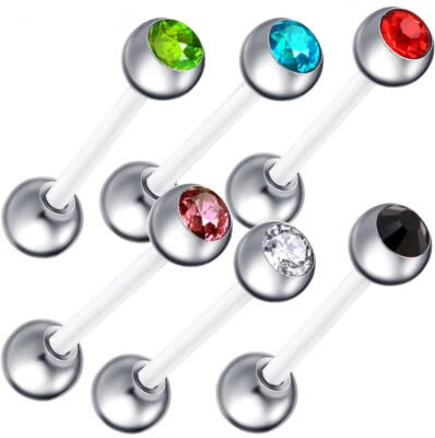 2PC Crystal Ball Soft Flexible Silicone Bar Tongue Barbell Nipple Ring Piercing - Image 1 of 4
