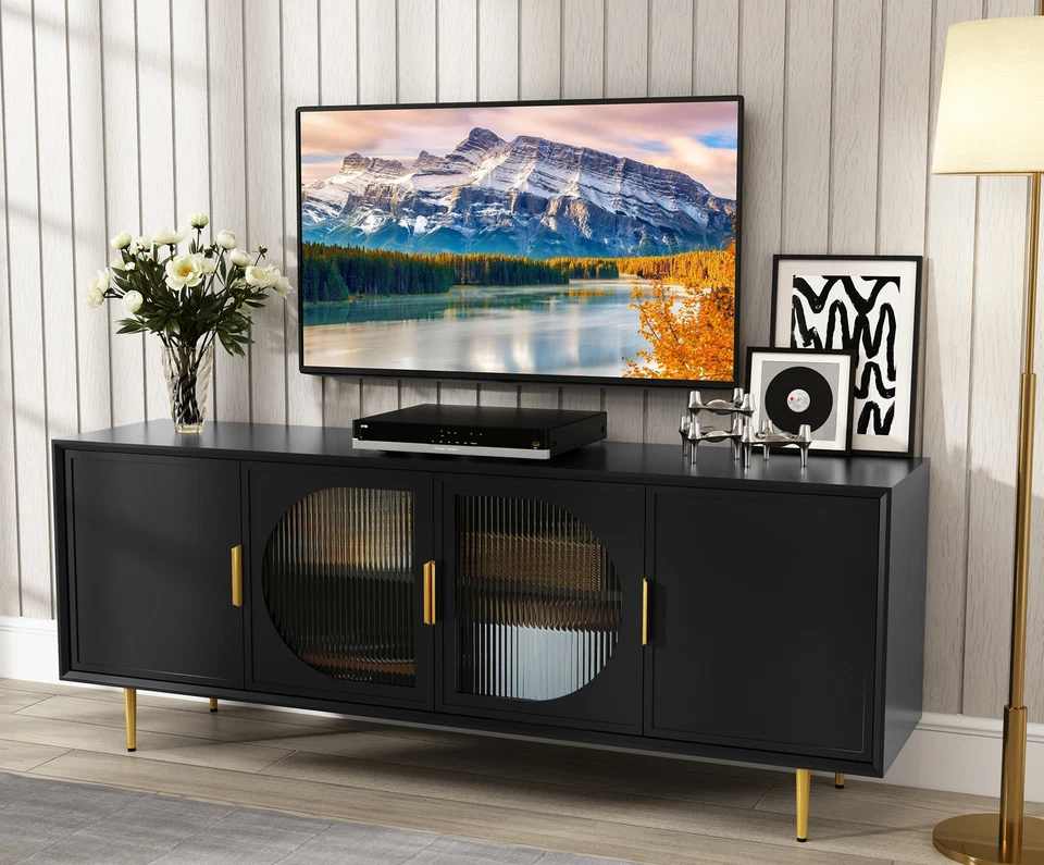 HLR Glass Door TV Stand For TV Up To 75" Modern Entertainment Center With Gold Leg