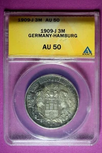 1909 J ANACS AU50 German States Hamburg 3 Mark Silver Coin #B43220 - Picture 1 of 2