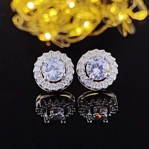 Classic Solitaire Halo Cubic Zirconia Stud Crystal Earrings Wedding UK Seller - Picture 1 of 6