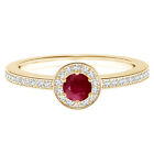 Ruby Synthetic Halo Women Ring Solitaire With Accents 14k Yellow Gold