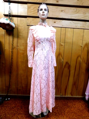 Vintage Pink Lace over Taffeta Dress Long Gown Waist 28" - Image 1 of 4