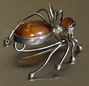 Nice Vintage Sterling Silver Spider Amber Brooch - Picture 1 of 5