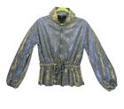 ?Ont Welfth?-Women&#39;s Size L  Metallic Zip Up Jacket with White Stripe-Celestial!