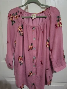 Fig & Flower Floral Embroidered Pink Button Up Tunic Top Blouse-Boho-2X - Picture 1 of 9