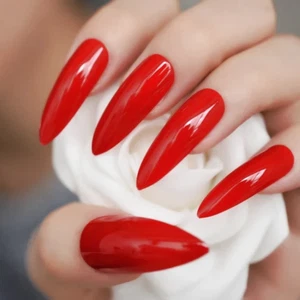 LONG STILETTO *RED* Full Cover 24 Glossy Nail Tips Press On Nails Glue Set! - Picture 1 of 5