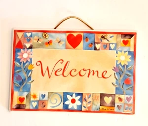 Challis & Roos Ceramic Welcome Sign Hearts Flowers Red White Blue Hanging Plaque - Picture 1 of 12