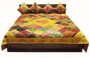 5 PC ETHNIC IND BEADED MOTI VINTAGE SARI BLANKET THROW BEDSPREAD COVERLET QUILT - Picture 1 of 12